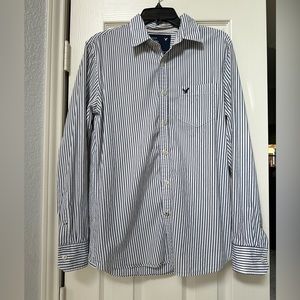 Aeo American Eagle outfitters VTG fit men’s white navy stripe button dow…